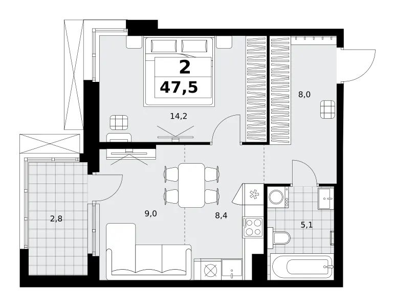 2-комн. 47.5 м²