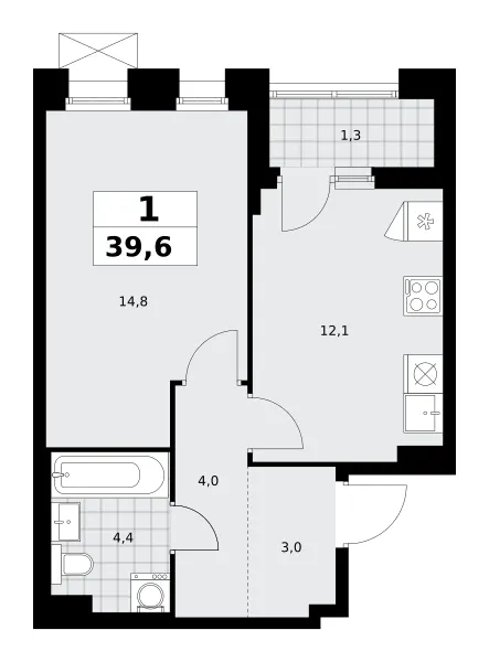 1-комн. 39.6 м²
