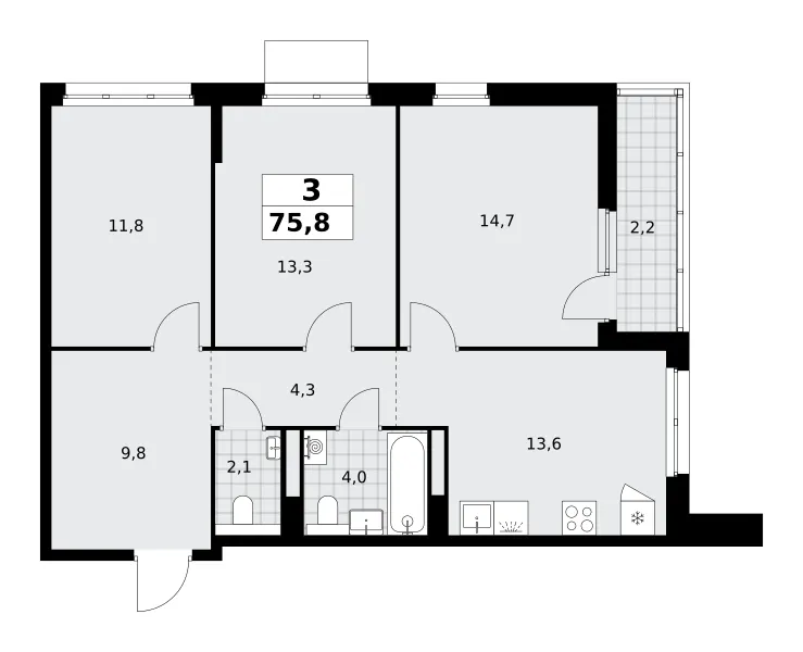 3-комн. 75.8 м²