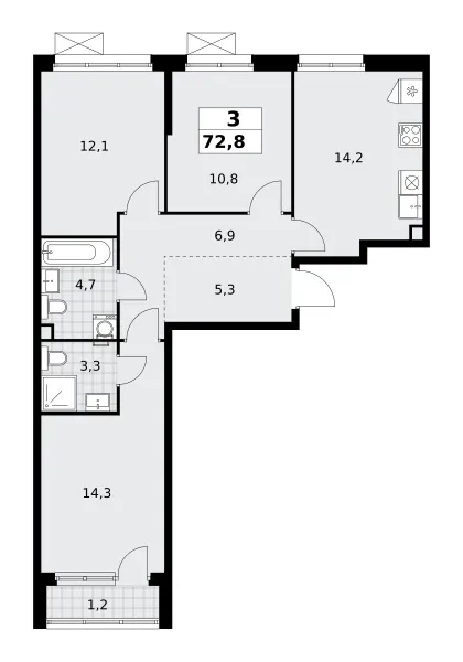 3-комн. 72.8 м²