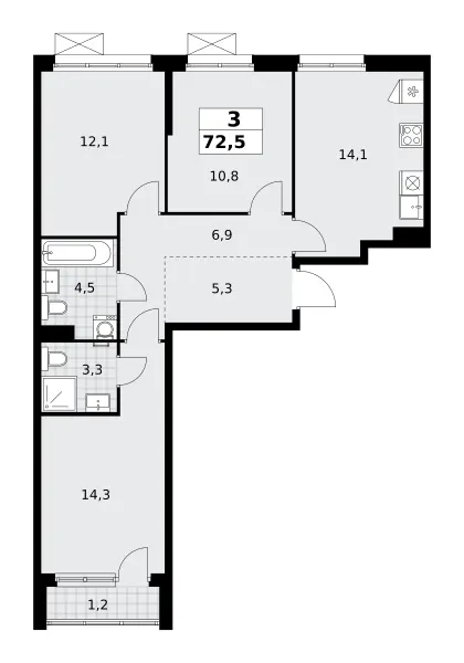 3-комн. 72.5 м²