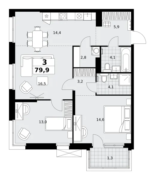 3-комн. 79.9 м²