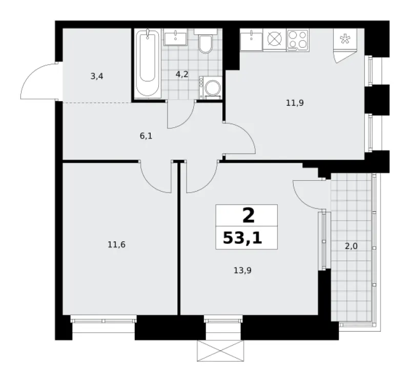 2-комн. 53.1 м²