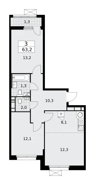 3-комн. 63.2 м²