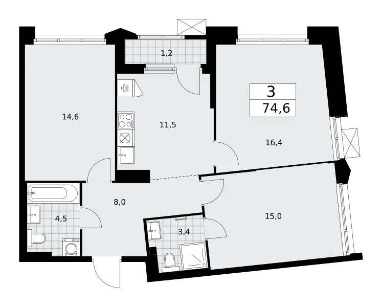 3-комн. 74.6 м²