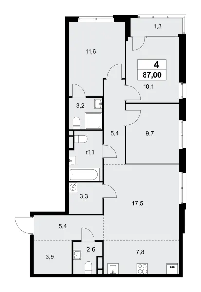 4-комн. 87 м²