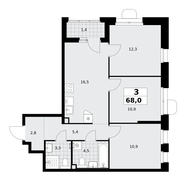 3-комн. 68 м²
