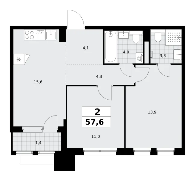 2-комн. 57.6 м²