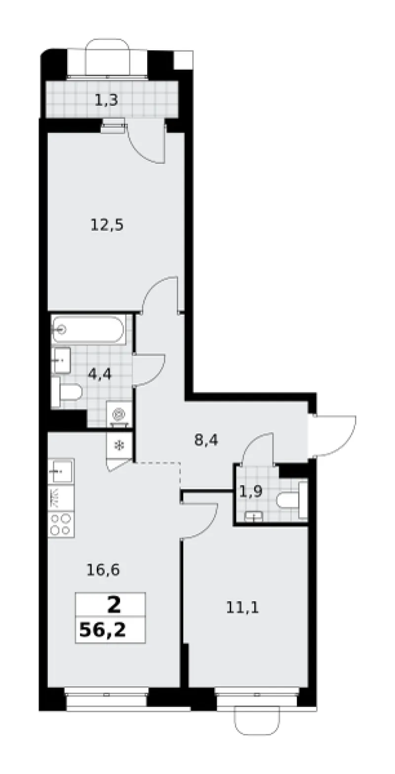2-комн. 56.2 м²