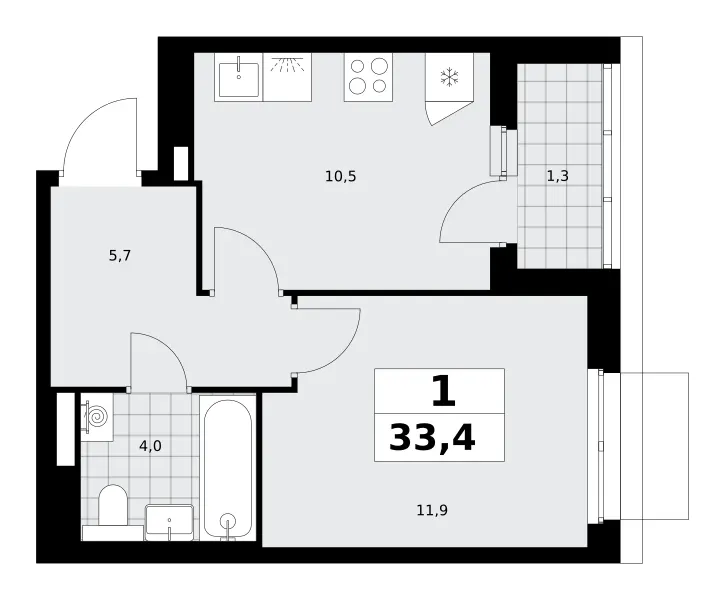 1-комн. 33.4 м²