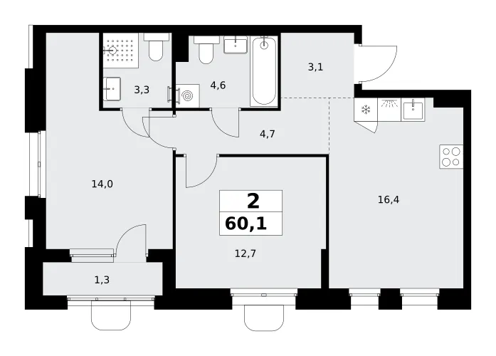 2-комн. 60.1 м²