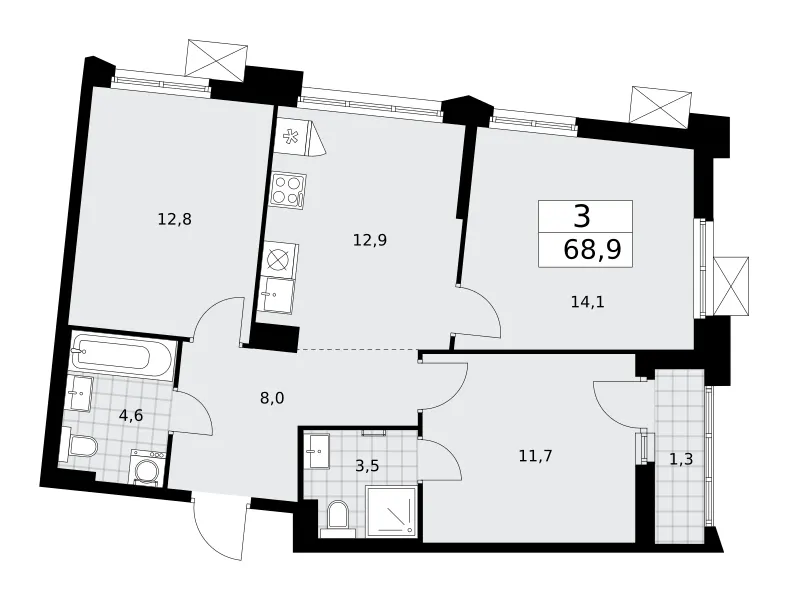 3-комн. 68.9 м²