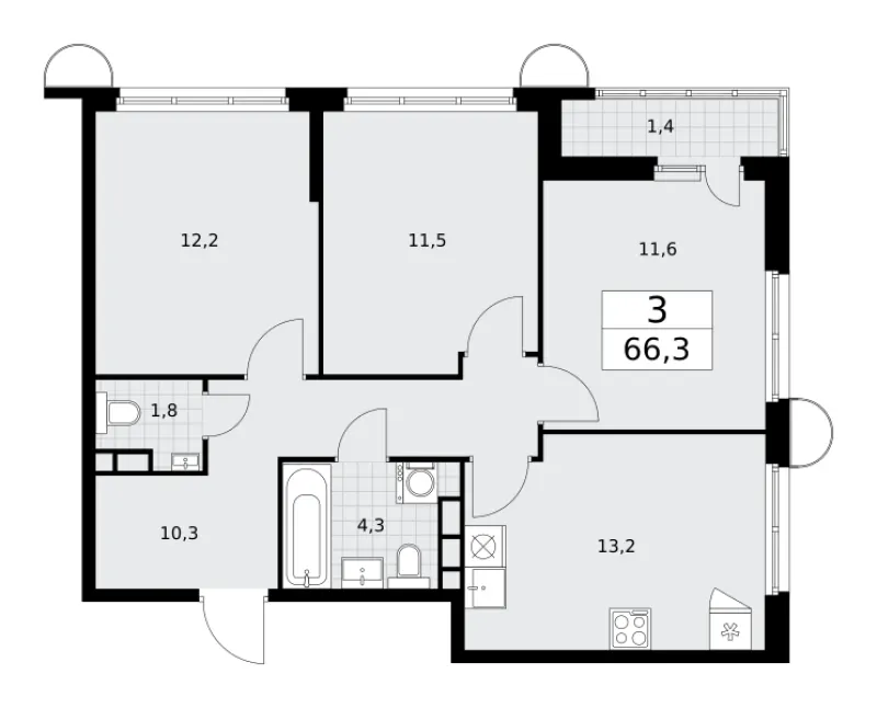 3-комн. 66.3 м²