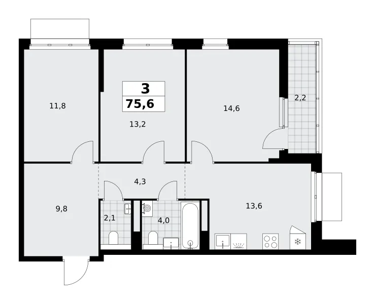 3-комн. 75.6 м²