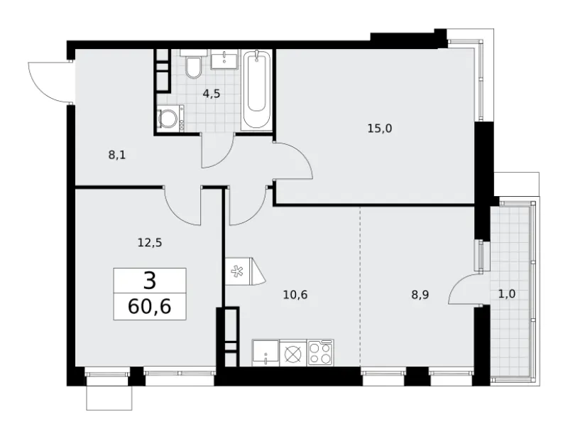 3-комн. 60.6 м²