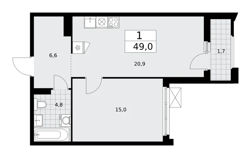 1-комн. 49 м²