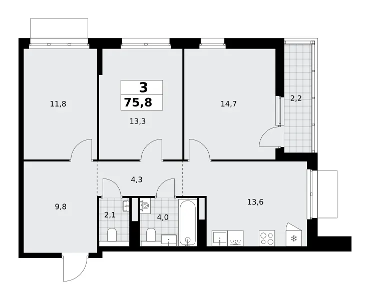 3-комн. 75.8 м²