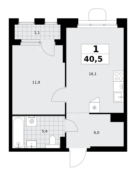 1-комн. 40.5 м²