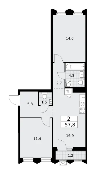 2-комн. 57.8 м²