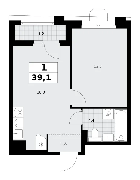1-комн. 39.1 м²