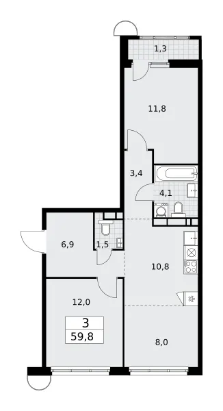 3-комн. 59.8 м²