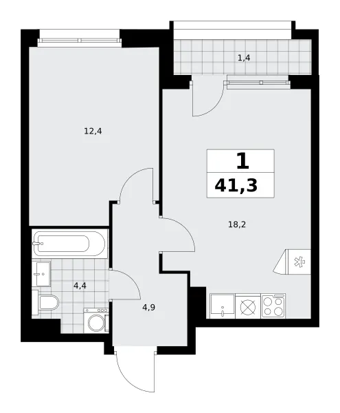 1-комн. 41.3 м²