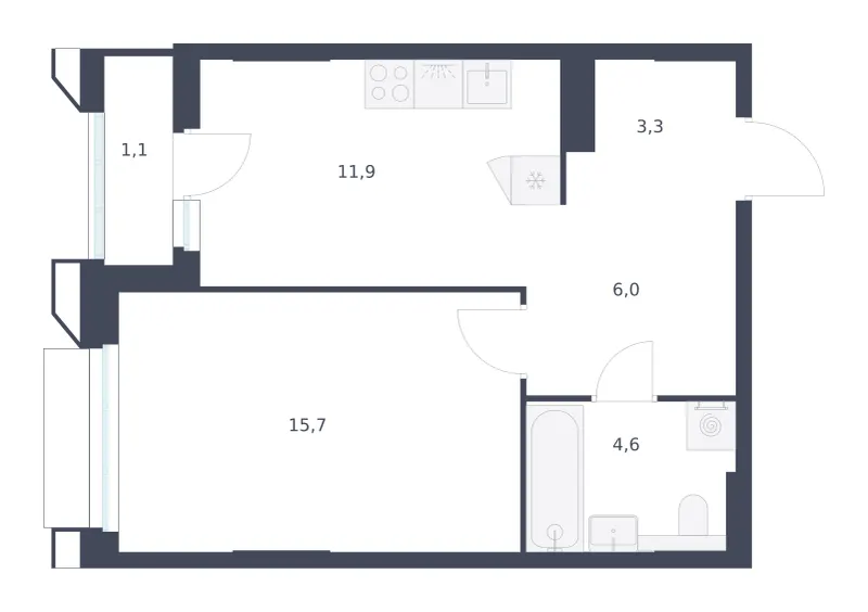 1-комн. 42.6 м²