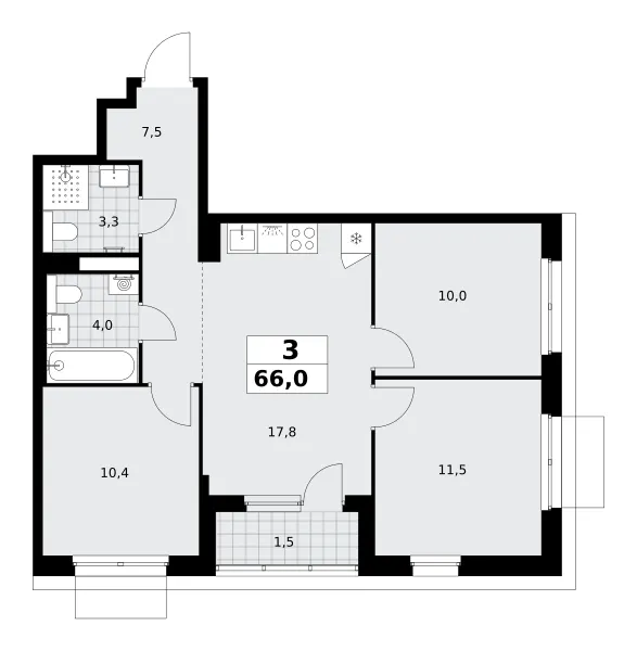 3-комн. 66 м²