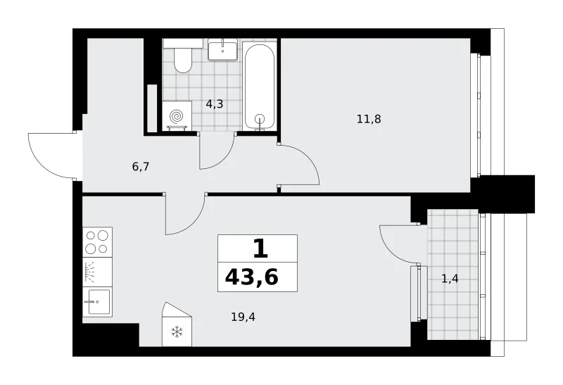 1-комн. 43.6 м²