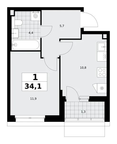 1-комн. 34.1 м²