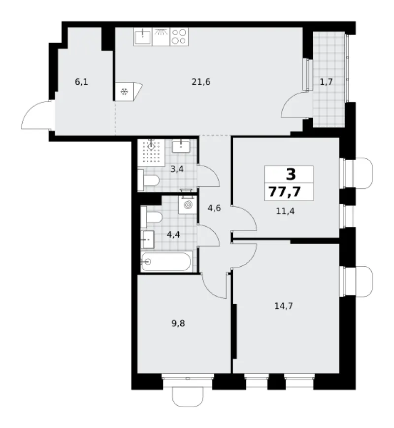 3-комн. 77.7 м²