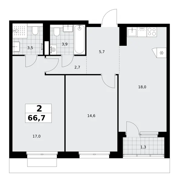 2-комн. 66.7 м²