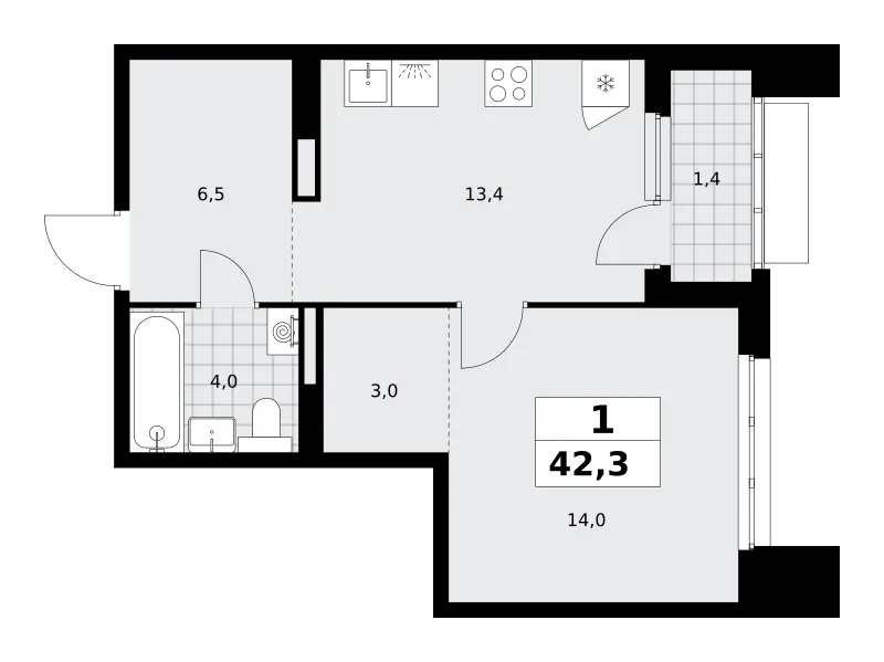 1-комн. 42.3 м²