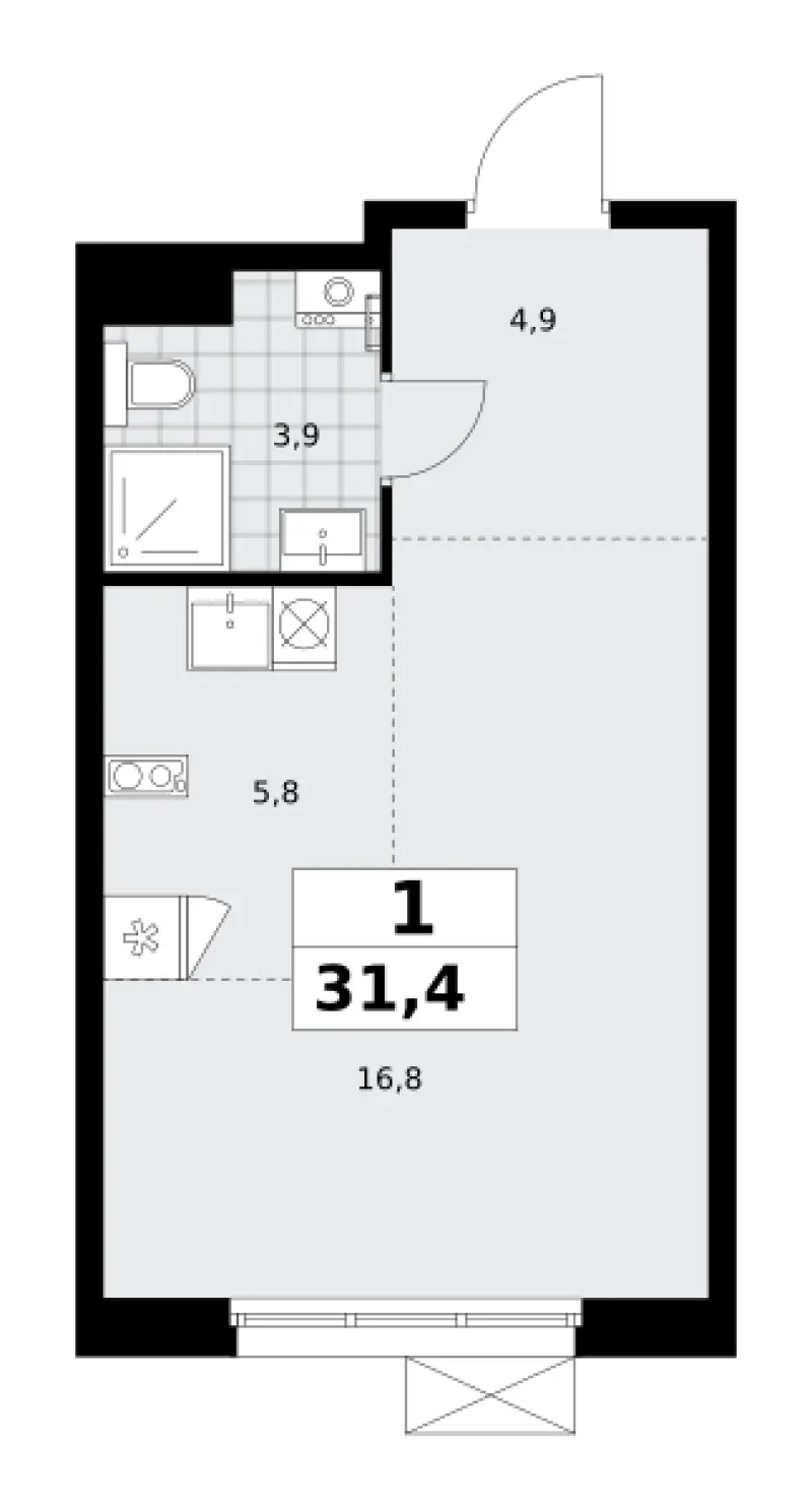 Студия 31.4 м²