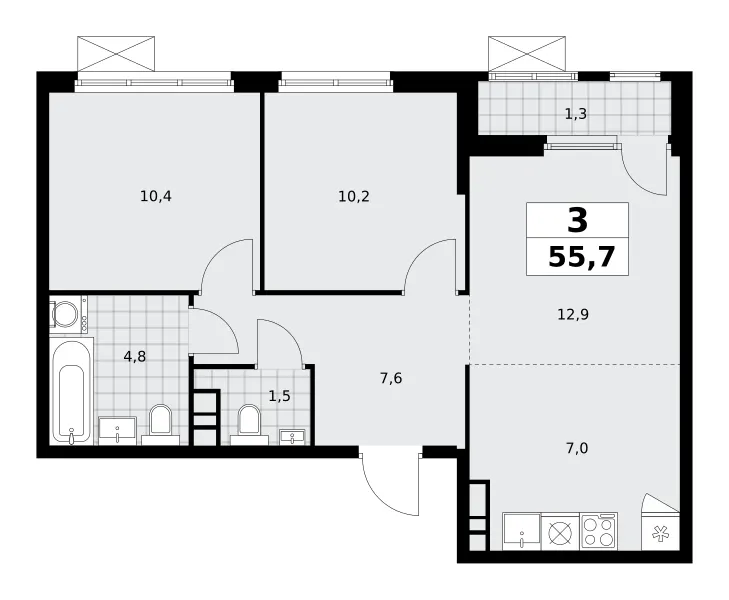 3-комн. 55,7 м²