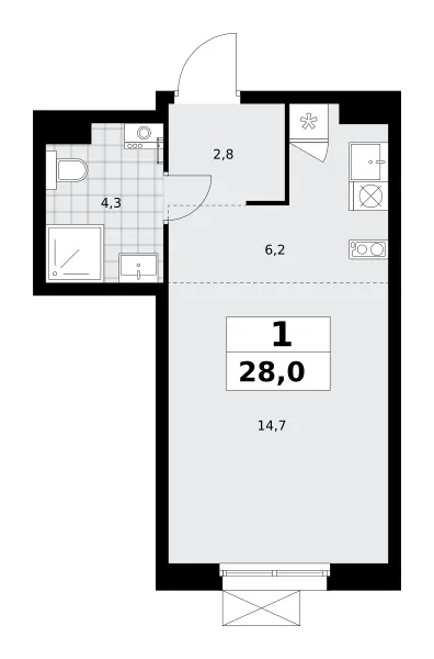 Студия 28 м²
