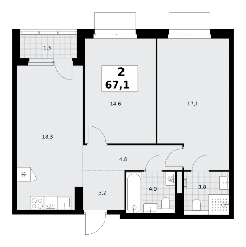 2-комн. 67.1 м²