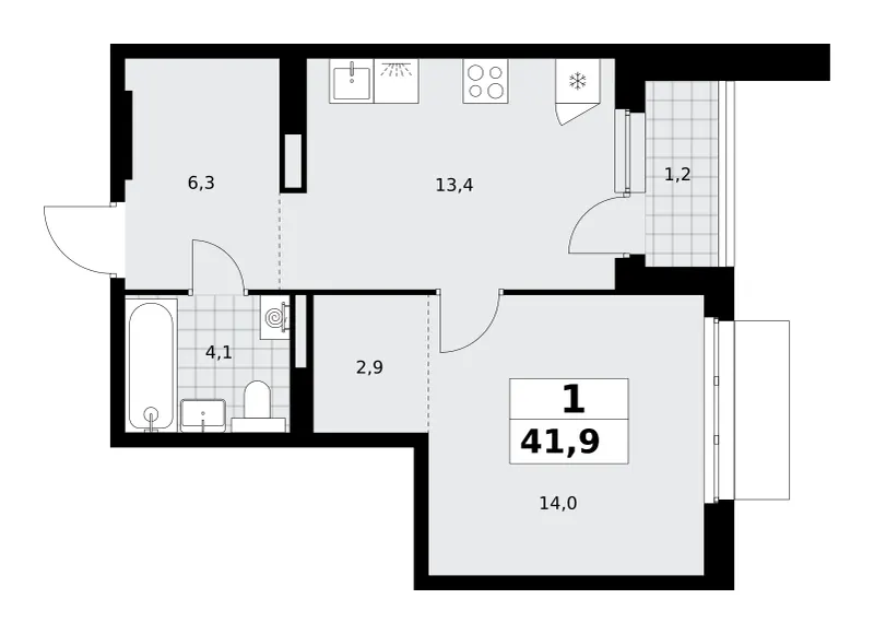 1-комн. 41.9 м²