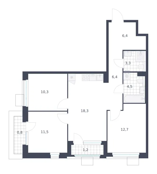 3-комн. 75.4 м²