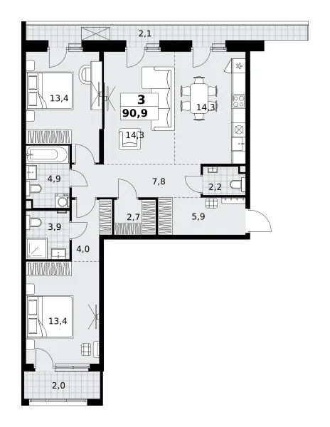 3-комн. 90.9 м²