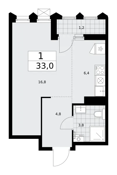 Студия 33 м²