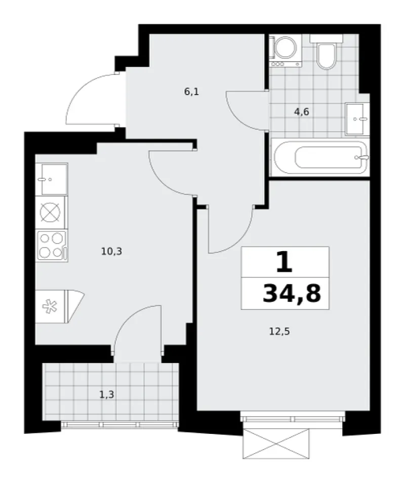 1-комн. 34.6 м²