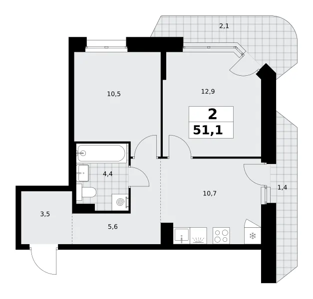 2-комн. 51.1 м²