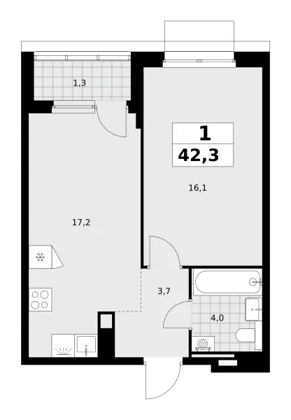1-комн. 42.3 м²