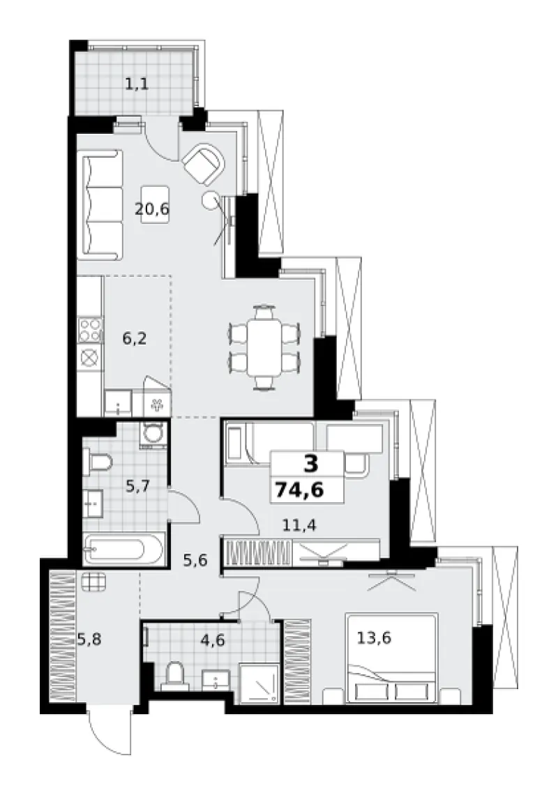 3-комн. 74.6 м²
