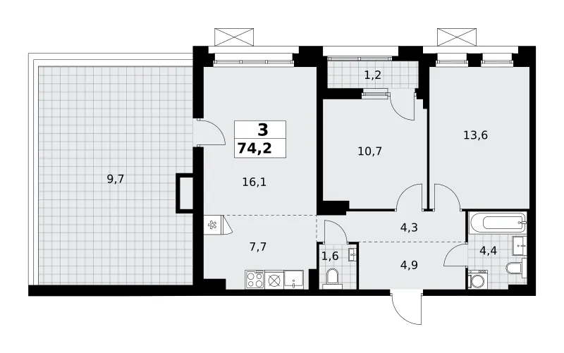 3-комн. 74.2 м²