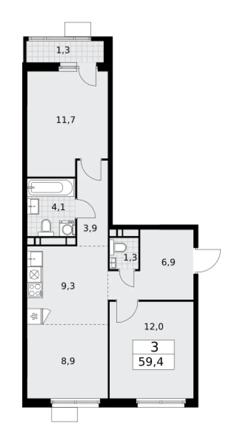 3-комн. 59.4 м²