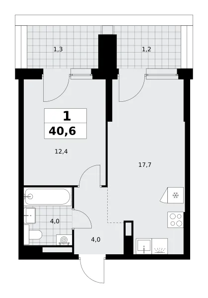 1-комн. 40.6 м²