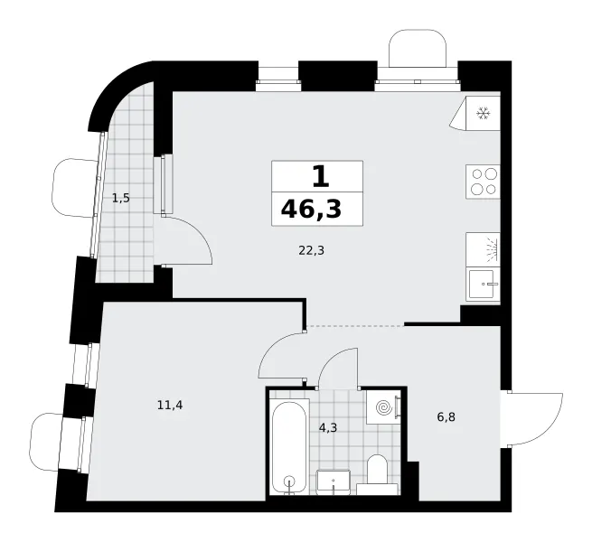 1-комн. 46.3 м²