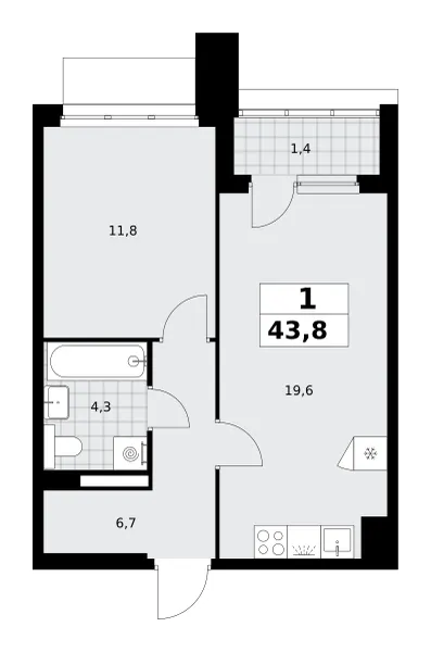 1-комн. 43.8 м²